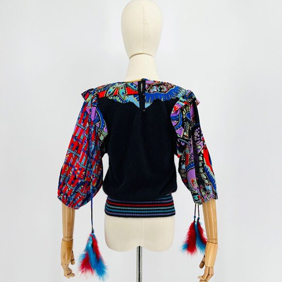 RARE 80s Marisa Christina Black Wool + Colored Silk Puff Sleeve Beaded Blouse - Picture 5 of 8